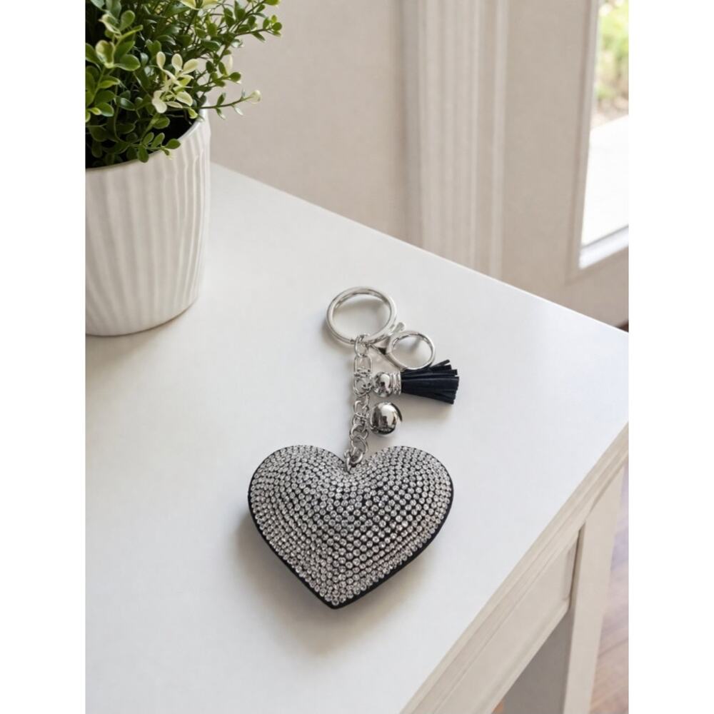 Black Silver Rhinestone Heart Bag Charm Key Chain New